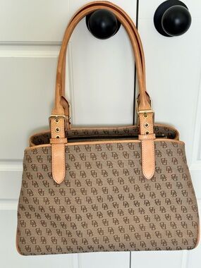 Stylish Dooney & Bourke Canvas Tote Bag in Brown with Tan Trim